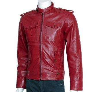 Xport Designs Mens Red Banded Collar Biker Leather Jacket