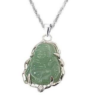 Rhodium Plated 925 Sterling Silver Grade A Green Jade Buddha Pendant 