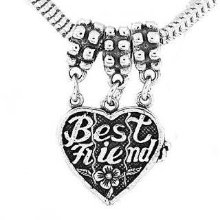 Silver Best Friend Three Way Split Heart Dangle Bead Charm