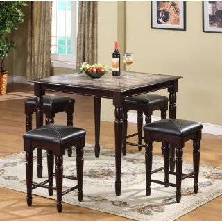 5pc Cherry Finish Wood Counter Height Faux Marble Dining Table 