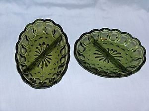 2 Vintage Anchor Hocking Green Fairfield Glass Divided Relish Candy Dish