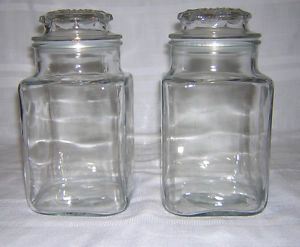 Vintage Anchor Hocking Clear Square Glass Canister Container with Lids Set of 2
