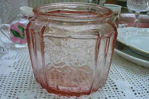 Vintage 1931 Open Rose Mayfair Anchor Hocking Pink Depression Glass Cookie Jar