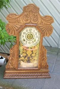 Antique E Ingraham Gingerbread Mantel Clock Oak w Key Pendulum Working C1900