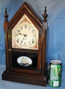 Antique Cathedral Sessions Steeple Shelf Mantel Clock w Key Pendulum Works