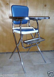 Vtg Retro Chrome Folding High Chair Vinyl Baby Feeding Navy Blue Excellent