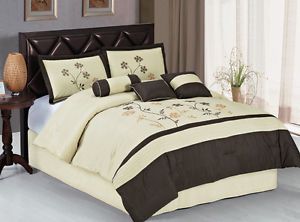7pc Embroidery Spring Floral Comforter Set Bed in A Bag King Beige Brown