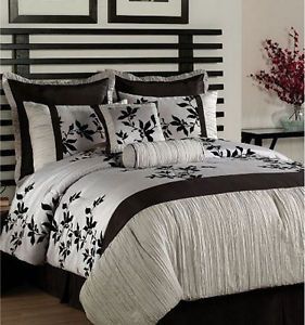 Trellis Flock 8PC King Comforter Set Black Silver Gray PEM America Bed in A Bag