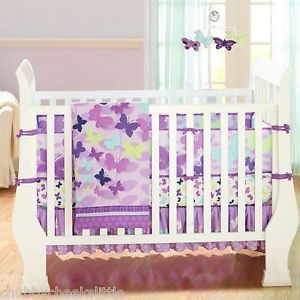 Butterly Purple 4pcs Baby Girl Crib Bedding Set Quilt Bumper Sheet Dust Ruffle