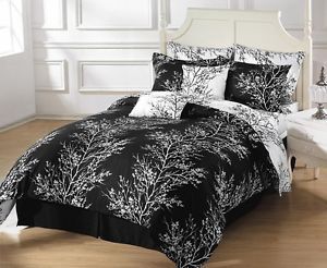 8pcs Reversible Black White Tree Bed in A Bag Comforter with Sheet Set Full Size