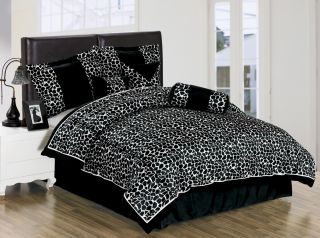 7p Black White Giraffe Comforter Set Bed in A Bag Queen