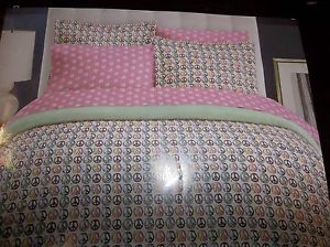 5pc Perry Ellis Twin Comforter Shams Sheet Peace Signs Pink Bed in Bag
