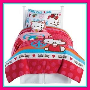 Girls Sanrio Hello Kitty Peace Sign Twin Single Size Comforter Sheet Bed Set