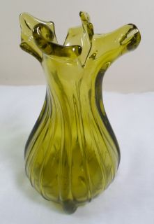 Vintage Mid Century Blenko Ribbed Art Glass Handkerchief Ruffled Bud Vase 6"