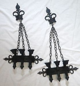 2 Vintage 60's Midevil Hanging Wrought Cast Iron Wall Candle Sconces Goth Sexton
