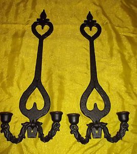 Vtg Medieval Wrought Iron Gothic Castle Spanish 2 Candle Holder Wall Sconces 20"