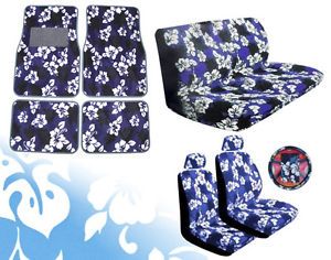 Blue Hawaiian 15pc Car Seat Covers Floor Mats Interior Set Hibiscus Flower