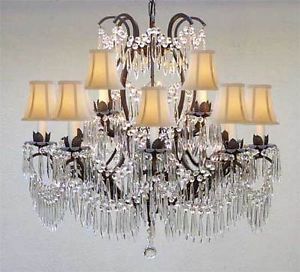 New Versailles Collection Wrought Iron Crystal Chandeliers White Shades 12 Lites