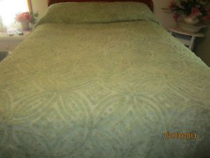 Vintage Sage Green Chenille Bedspread 102 x 120 Queen King