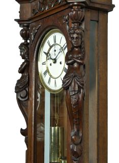 RARE Gorgeous Antique German 2 Weight Wall Clock with Figures on The Pillars