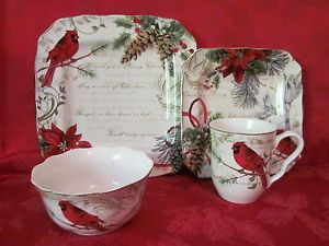 222 Fifth Holiday Wishes Poinsettia Cardinal Christmas 16pc Dinnerware Serv 4 8