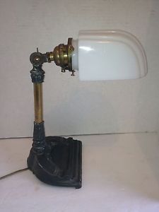 Vtg Brass Metal Glass Adjustable Industrial Work Desk Lamp Art Deco Light