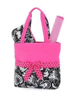 Diaper Bag Monogrammed Embroidered 3 Piece Black and Hot Pink Floral