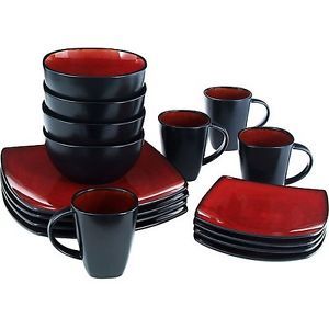 Square 32 Piece Dinnerware Set Plates Cups Mugs Dishes Red Blue Taupe