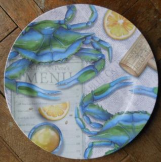 Blue Crab Melamine Outdoor Plates Dinnerware Nautical Beach Decor Set 4