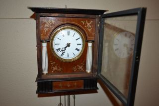 Antique German Junghans Two Weight Wall Clock w Pendulum Wood Case Glass Door
