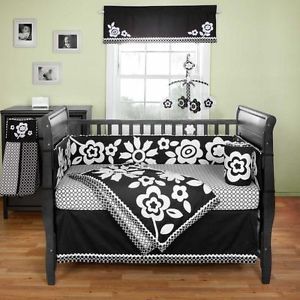 4pc Black and White Floral Flower Patterned Baby Girl Crib Bedding Set w Bumper