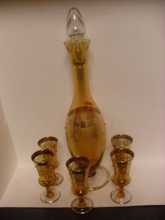 Amber Glass Decanter 5 Glass Cordial Liquor Set Gold Overlay