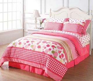 8pcs Pink White Green Polka Dot Plaid Bed in A Bag Comforter w Sheet Set Queen