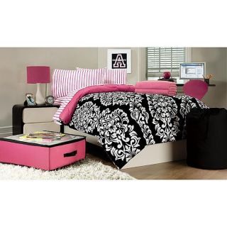 Pink Black White Damask Twin Comforter Sheets Hamper 9 Piece Bed in A Bag