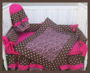New Crib Bedding Set Brown Polka Dots Zebra Hot Pink