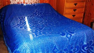 Royal Blue Chenille Velour Bedspread 90 x 100