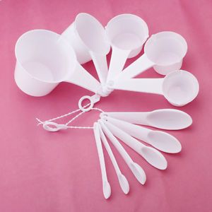 11pcs White Plastic Baking Cook Kitchen Measure Spoons Cups Tablespoon 0 6 250ml