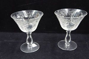 2 Fancy Floral Etched Design Crystal Stemware Champagne Sherbet Water Glasses