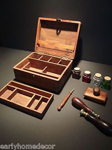 19th C Antique Vintage Style Travel Writing Wood Desk Box Set