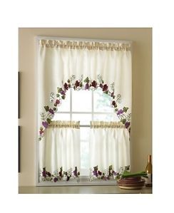 3 PC Vineyard Grapes Fruit Wine Kitchen Window Curtains Valance Swag Panel Tiers