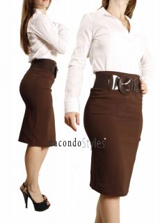 Career Fitted Long High Waist Knee Pencil Skirt Belted Belt Fitted Sexy Brown