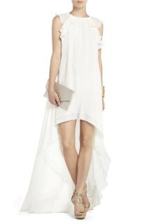 $338 BCBG Max Azria Fais Silk Ruffled High Low Dress in Gardenia
