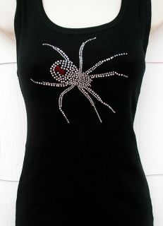 Rhinestone Embellished Tee Shirt Black Widow Spider Design