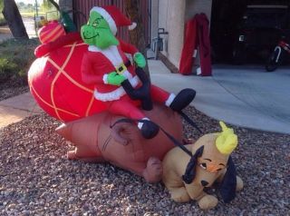 Gemmy Airblown Inflatable Grinch in Sled w Max Christmas 7 Foot Long RARE