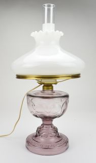 Antique Purple Hurricane Lamp Fenton Art Glass Milk White Ruffle Top Lamp Shade