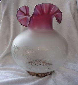 Antique Vintage 4" Etched Crimp Top Cranberry Glass Shade Oil Glass Lamp Shade