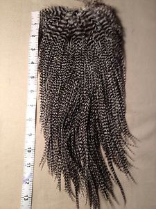 Metz 2 Saddle Grizzly Natural Black White Long Feathers Hair Extensions Full