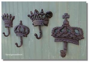 Crown Cast Iron Hooks 4pcs Set King Queen Prince Princess Wall Coat Old Hardware