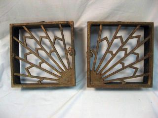 Pair of 2 Vintage Cast Iron Art Deco Fireplace Vent Grates Complete Marked Sign