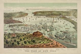 1892 Port of New York Birds Eye View Map 16x24
